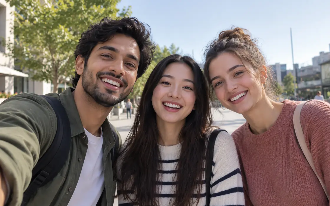 Three friends smiling for a group selfie outdoors, used to demonstrate the face-blurring tool below.